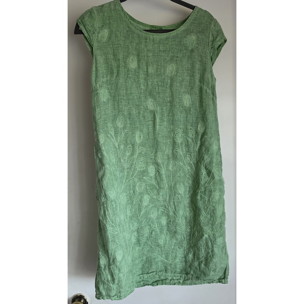 Puro Lino Linen Dress Women M Floral Green Short Sleeve Boho Italy Sundress